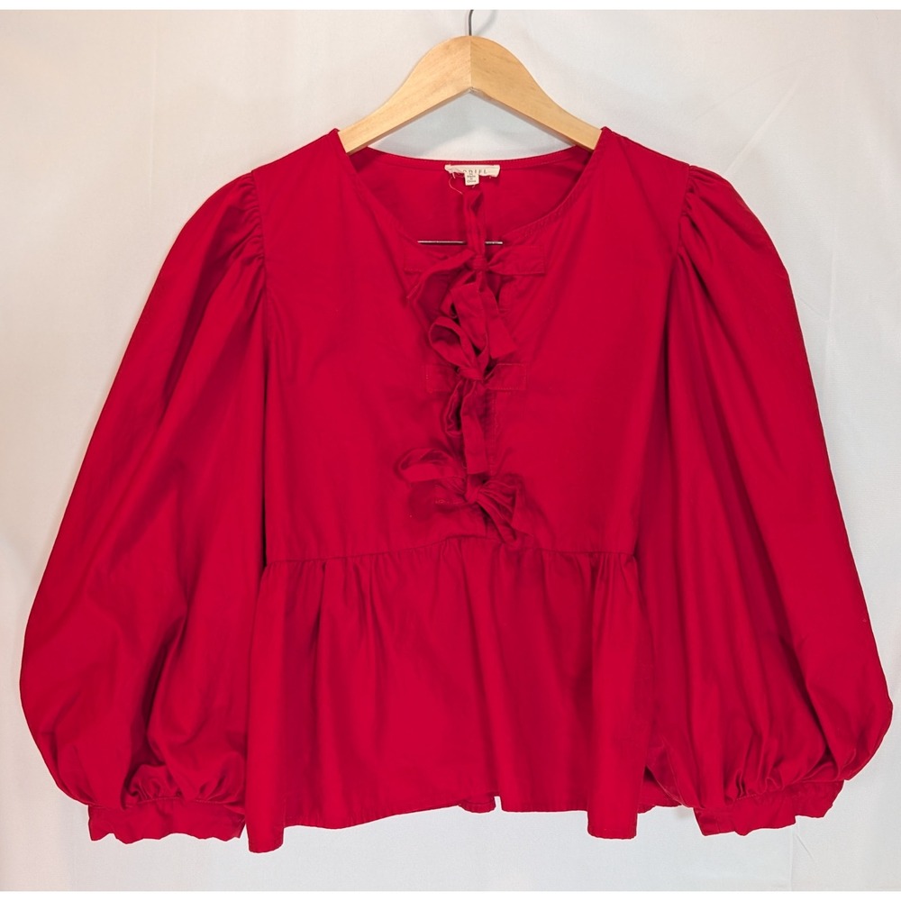 Jodifl Red Puff Sleeve Bow Front Peplum Blouse Top B1231 Medium